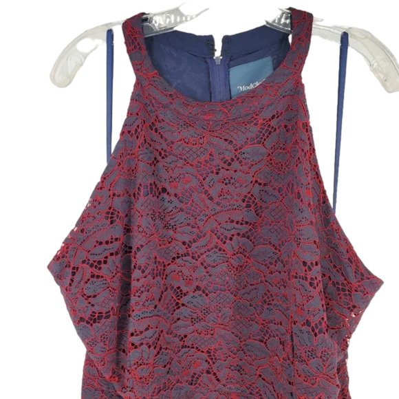 ModCloth A Night Like This Halter Dress Navy Red Lace Overlay Ruffle Hem 28 - Picture 3 of 16